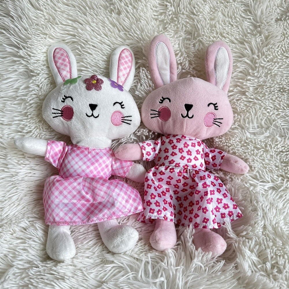 LOT OF 2 Happy Go Fluffy 11" Plush Bunnies. 1 Pink, 1 White.